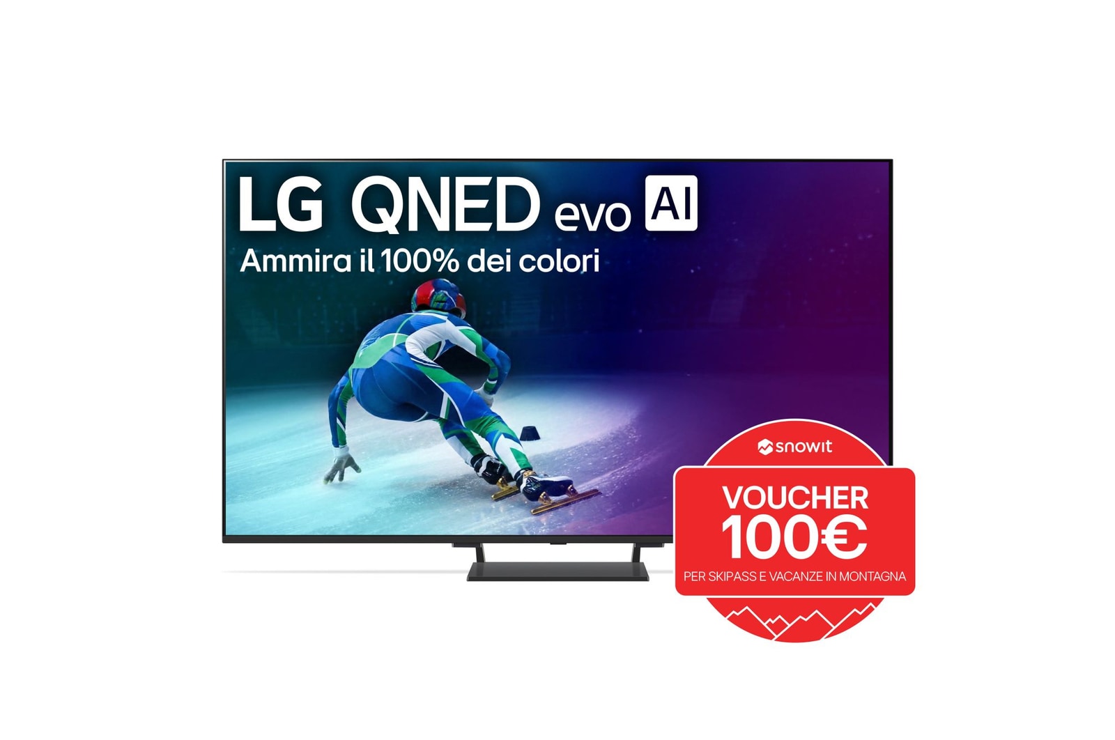Vista frontale di una TV 65 pollici LG QNED evo AI QNED93 MiniLED 4K Smart TV 2025 65QNED93A6A con voucher snowit